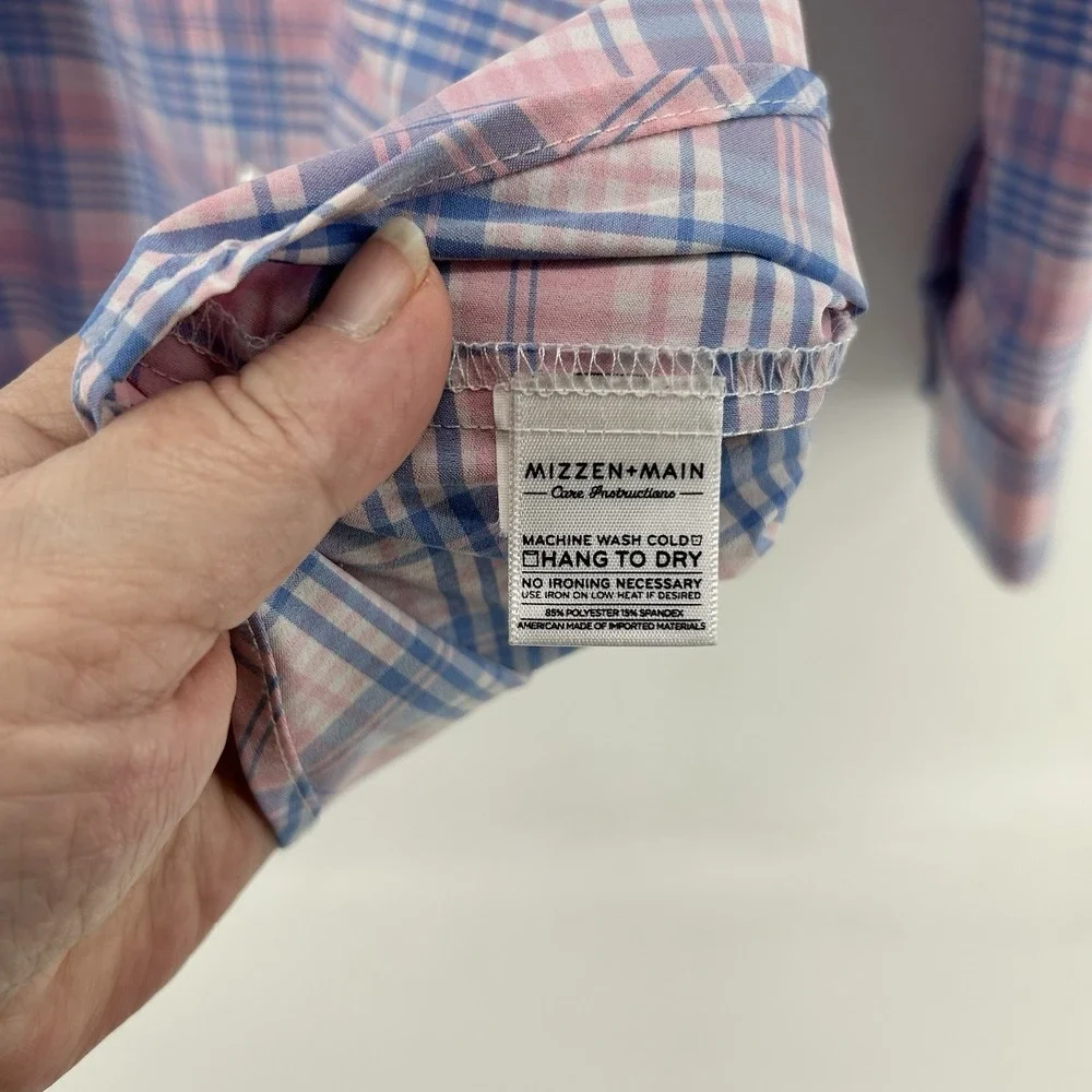 Mizzen+ Main‎ Shirt XL Trim Fit Pink Blue Plaid Stretch Performance USA Made
